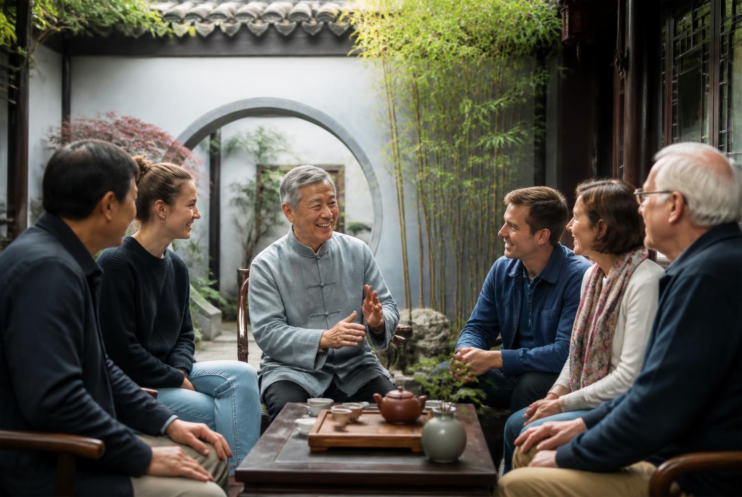 A mixed-age international group seated around a tea table in a courtyard, talking with a local cultural host.