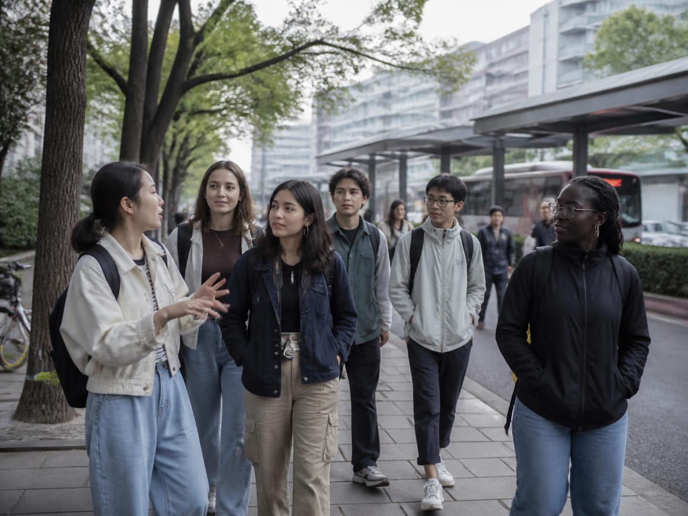 Students walking with a Chinese host along a leafy everyday city street near a bus stop.