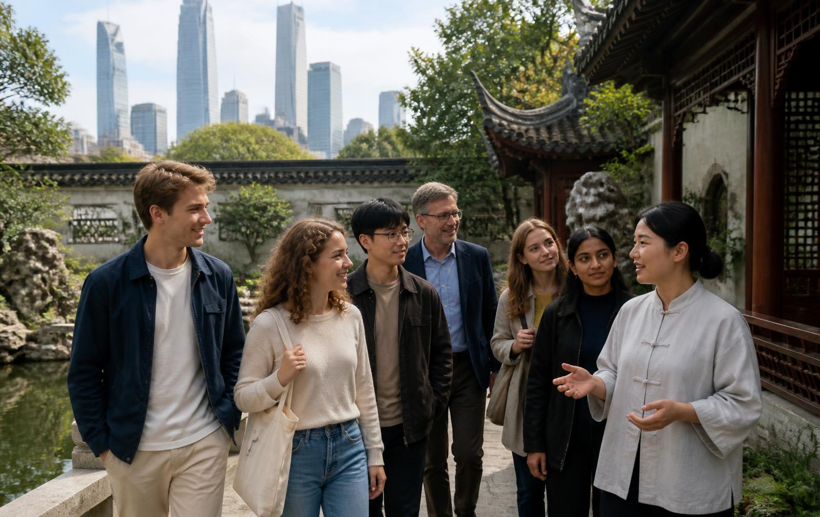 An international group walks and talks with a Chinese host in a traditional garden courtyard, with a modern city skyline behind.